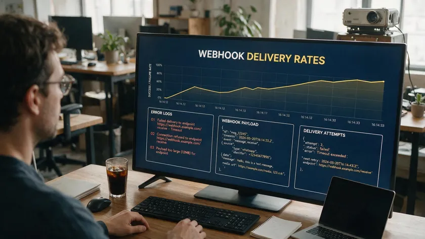 A person reviewing a webhook delivery monitoring dashboard after a WhatsApp CRM integration setup.