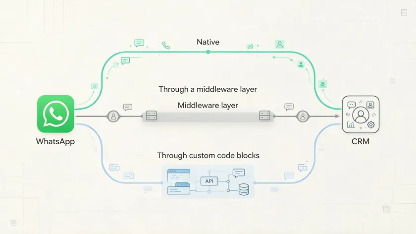 Illustration of three parallel WhatsApp CRM integration paths — native, middleware, and custom code — branching toward a CRM system.