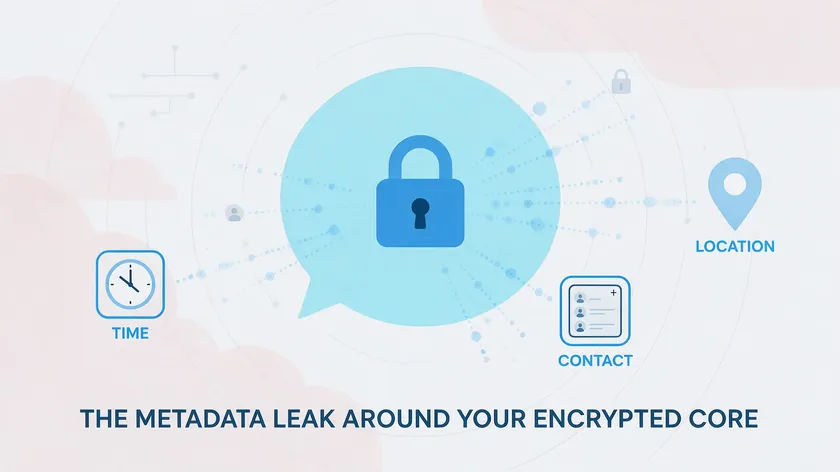 An encrypted chat bubble icon surrounded by dotted lines connecting to time, contact, and location icons, showing how metadata can leak around WhatsApp's encryption.