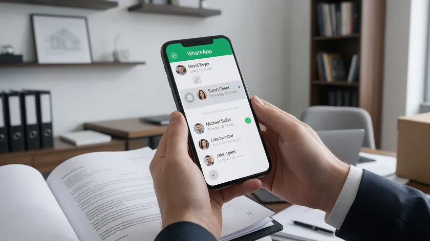 Real estate agent reviewing his WhatsApp for real estate contact list of buyers, sellers, and investors next to printed contract documents.