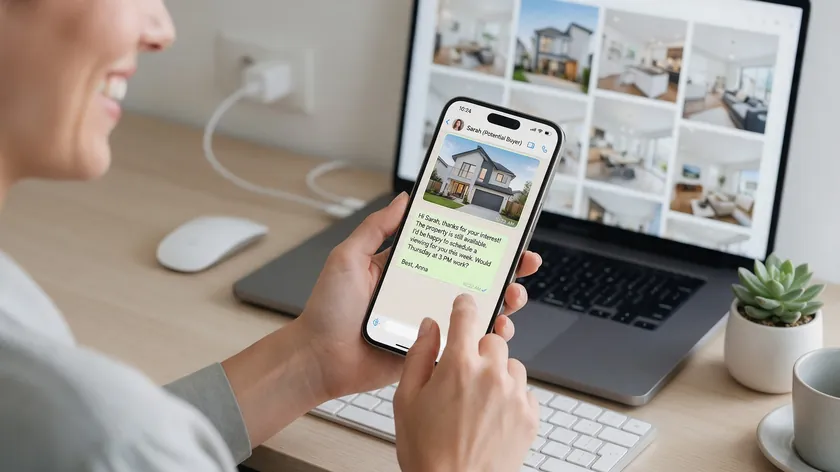 Real estate agent smiling while replying to a WhatsApp for real estate chat on her phone, with property listing photos blurred on a laptop screen behind her.