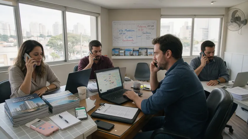Team of agents at a small brokerage office in São Paulo using WhatsApp for real estate to manage leads and their daily viewing schedule.