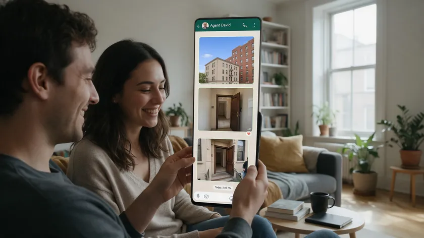 Young couple on their couch smiling at a WhatsApp for real estate chat with their agent, looking through property photos together.