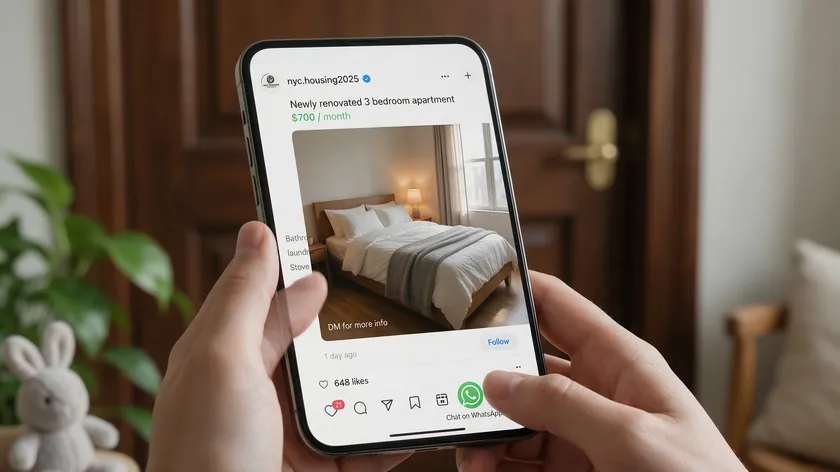 Close-up of hands holding a phone, tapping the WhatsApp icon on an Instagram apartment listing to start using WhatsApp for real estate inquiries.