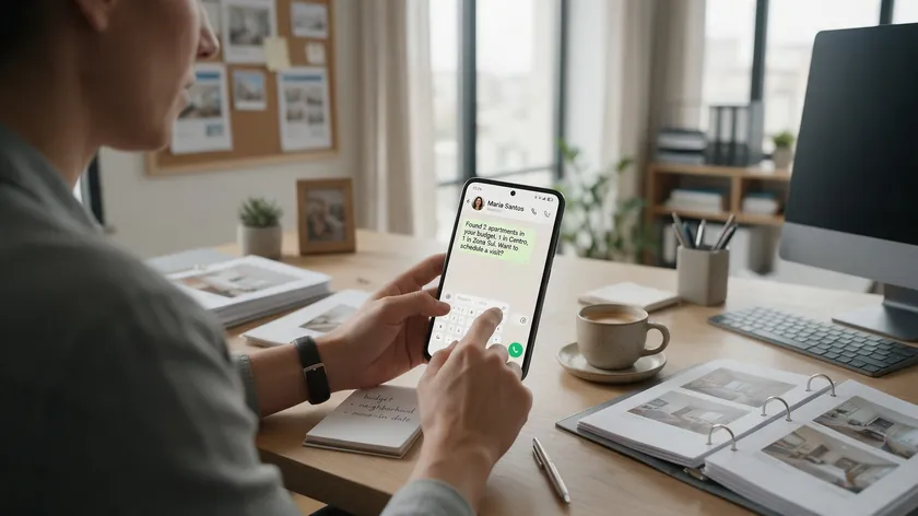 Real estate agent typing a WhatsApp for real estate qualification message on her phone next to a notepad listing budget, neighborhood, and move-in date.