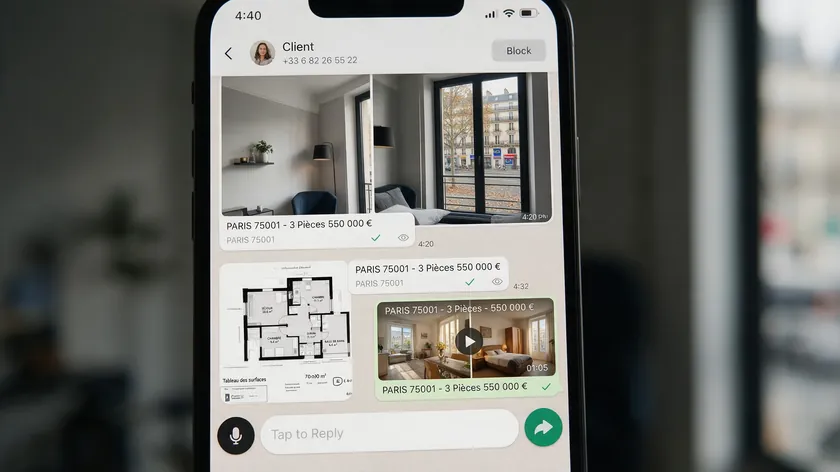 Smartphone screen showing a WhatsApp for real estate chat thread with apartment photos, a floor plan, and a virtual tour video shared with a client.