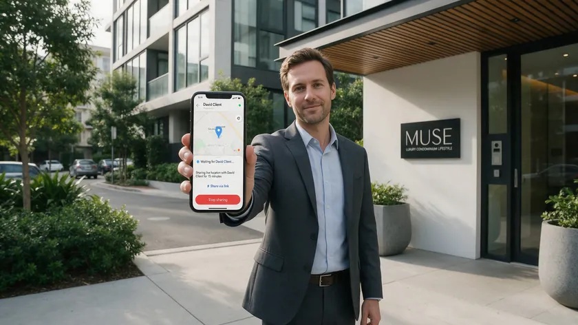 Real estate agent standing outside a modern condo building sharing his live location over WhatsApp for real estate viewing coordination.