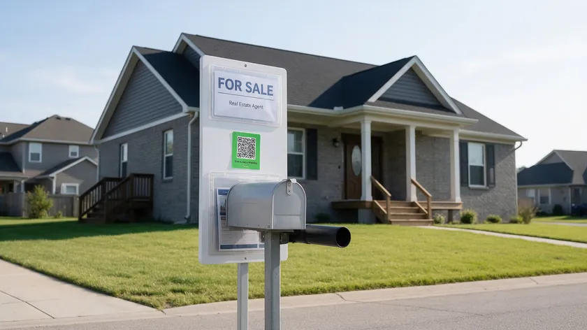 A For Sale yard sign in front of a house with a QR code sticker inviting buyers to scan and chat on WhatsApp for real estate inquiries.