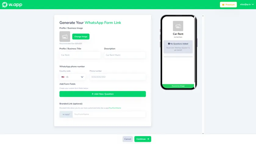 Screenshot of W.app's WhatsApp form builder interface, showing the fields to generate a WhatsApp form link.
