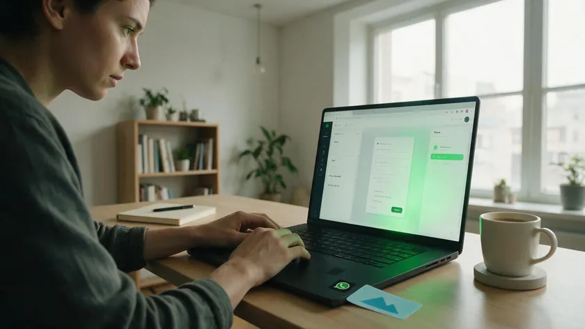 A person fills out a web form on a laptop connected to WhatsApp, showing how a WhatsApp form builder sends form data into a chat.