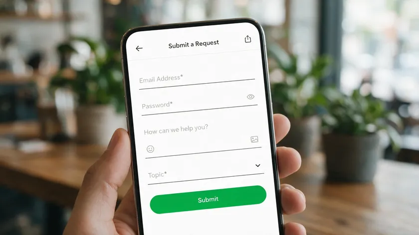 Close-up of a smartphone showing a mobile request form, similar to the layout of a WhatsApp form builder.