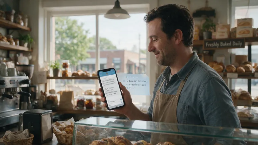 A small bakery owner checks a WhatsApp form builder order confirmation sent through a WhatsApp chat on his phone.