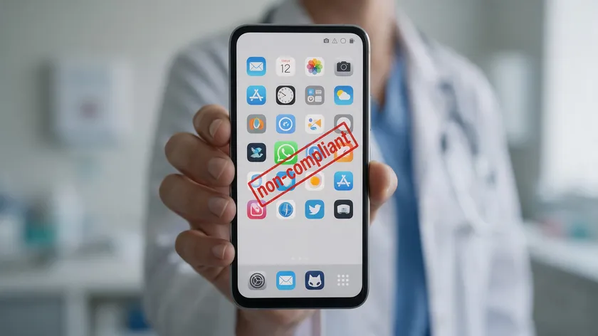A clinician holds a smartphone with the WhatsApp icon stamped ‘non-compliant,’ visually answering is WhatsApp HIPAA compliant for healthcare use.