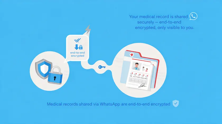 Flat illustration showing a patient's medical record shared through WhatsApp with end-to-end encryption, next to a shield and lock icon representing HIPAA safeguards.