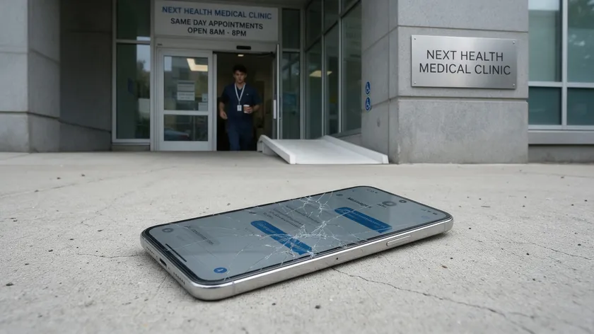 A cracked smartphone lies on the sidewalk outside a medical clinic entrance, showing the data exposure risk of losing a phone with WhatsApp patient messages.