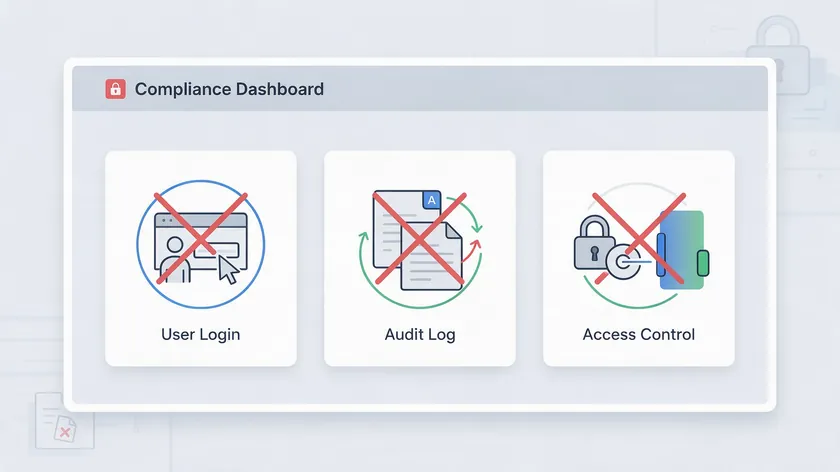 A compliance dashboard shows user login, audit log, and access control features crossed out, representing WhatsApp's missing HIPAA technical safeguards.