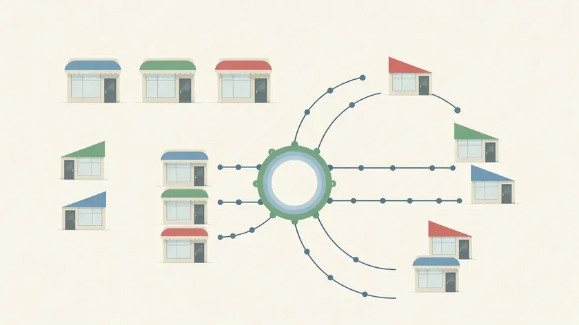 Flat illustration contrasting disconnected retail storefronts with storefronts connected through one routing hub.