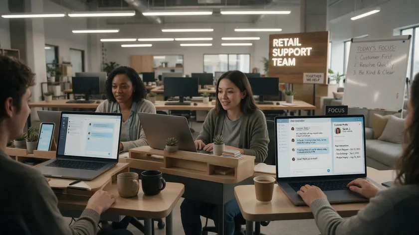 Three retail support agents working at desks handling customer chats routed through WhatsApp.