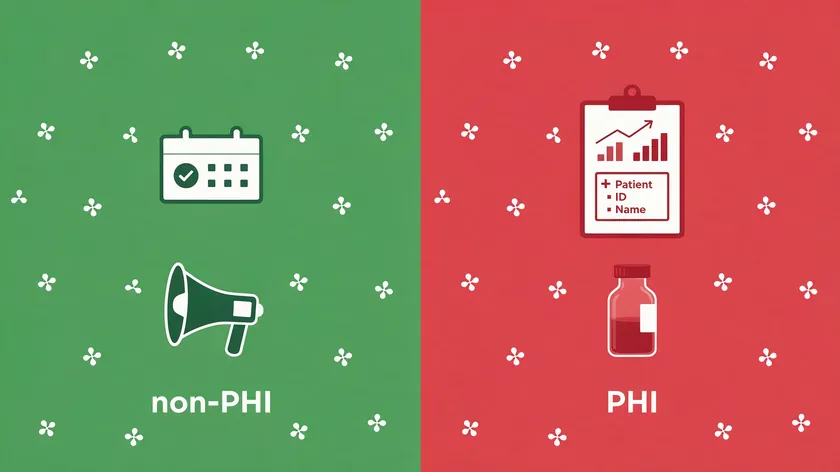 A split graphic comparing non-PHI uses like scheduling and announcements against PHI-related uses like patient records and lab results on WhatsApp.