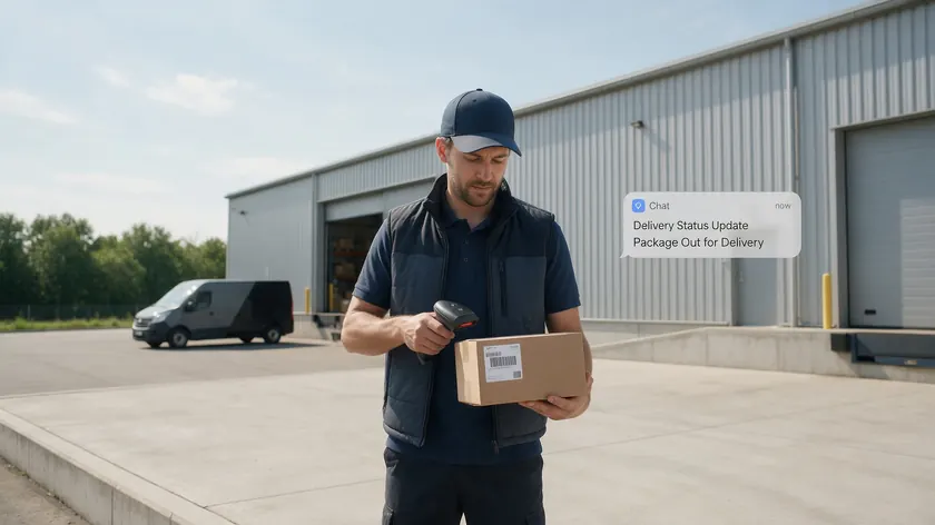 Delivery courier scanning a package barcode next to a WhatsApp order-tracking notification.