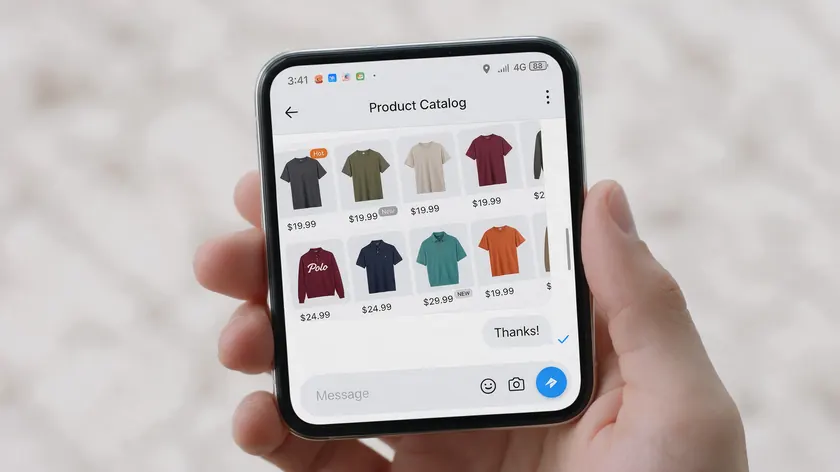 Hand holding a smartphone browsing a retail product catalog inside a WhatsApp chat.