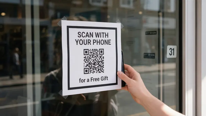 QR code displayed on a retail store entrance door that opens a WhatsApp chat.
