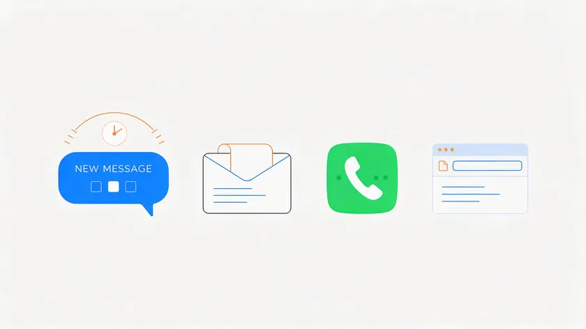 Flat illustration comparing four retail support channels: chat, email, phone, and web.