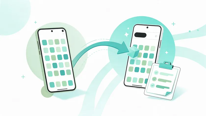 Two smartphones with an arrow showing a number moving from the old device to the new one, next to a checklist
