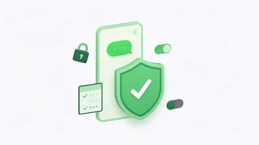 Shield with a check mark protecting a phone, representing safe WhatsApp sharing