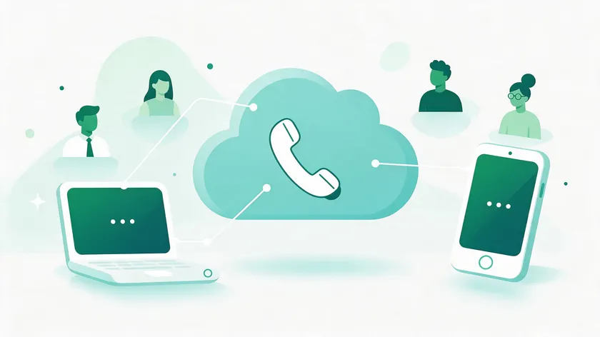 A cloud with a phone handset connected to a laptop and a smartphone, showing how a virtual number for WhatsApp Business works for remote teams
