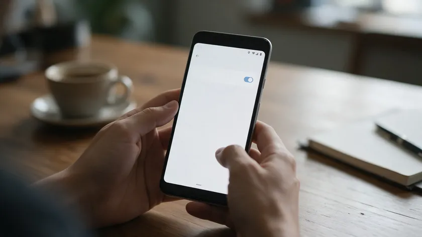 Hands holding an Android phone with a greeting message toggle switched on