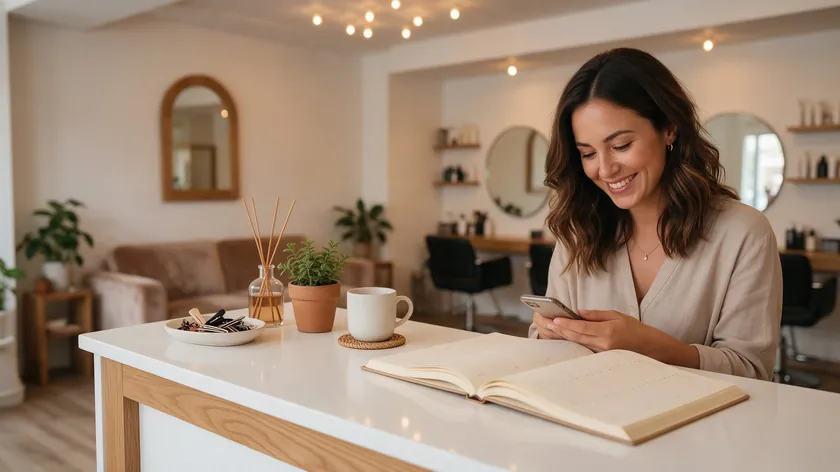 Salon receptionist smiling at a phone beside an appointment book, illustrating a WhatsApp Business greeting message example for bookings