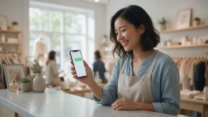 Small shop owner smiling at a phone showing a WhatsApp Business greeting message example