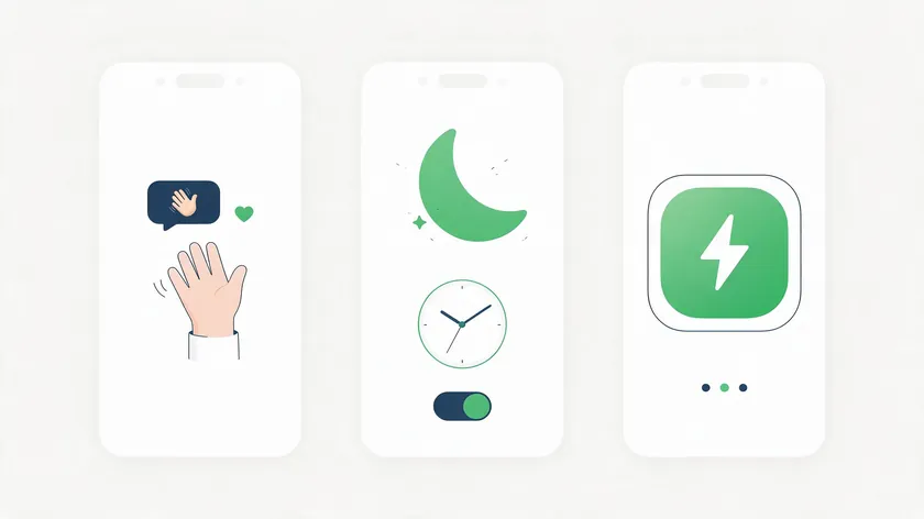 Flat illustration comparing a greeting message, an away message and a quick reply on three phone screens