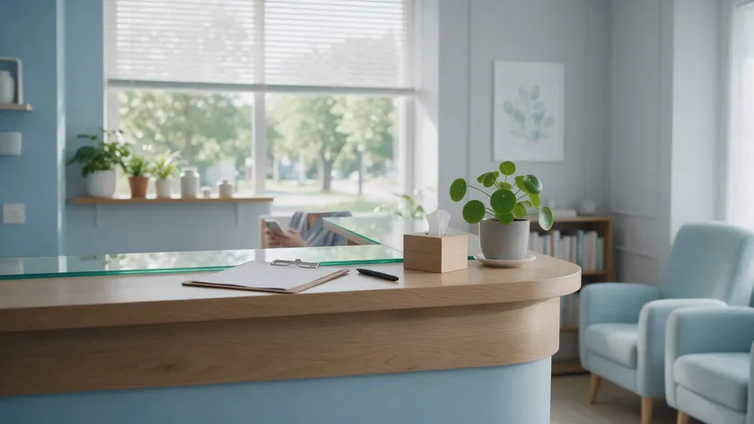 Quiet clinic reception desk with a clipboard and a patient checking a phone in the background