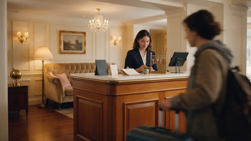 Hotel receptionist checking a phone at the front desk, a hospitality WhatsApp Business greeting message example