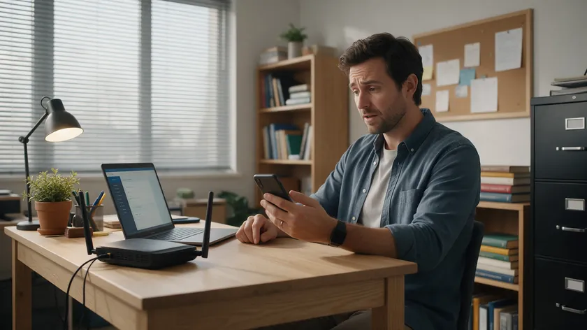 Business owner checking a phone beside a laptop and Wi-Fi router to find out why a greeting message is not sending