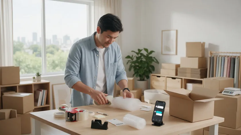 Online shop owner packing an order beside a phone, illustrating a retail WhatsApp Business greeting message example