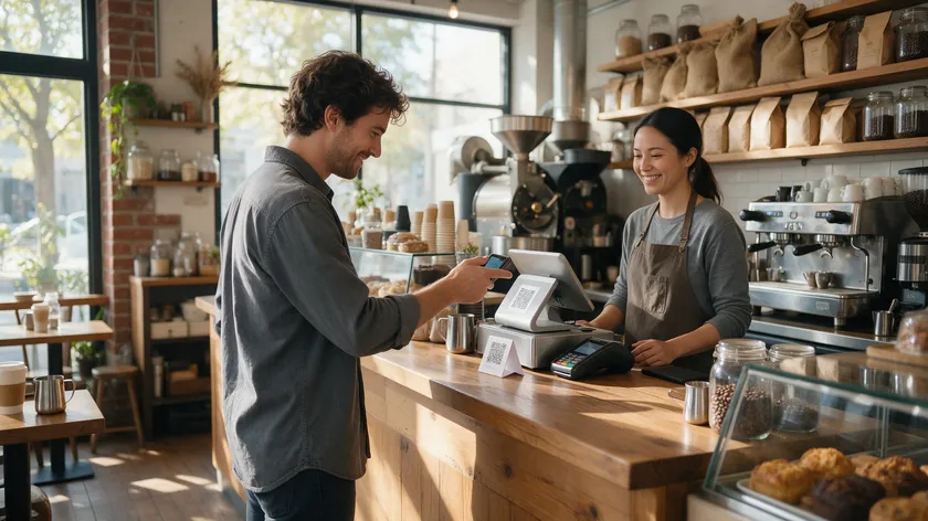 Customer pointing a phone camera at a QR code on a cafe counter to start a WhatsApp chat
