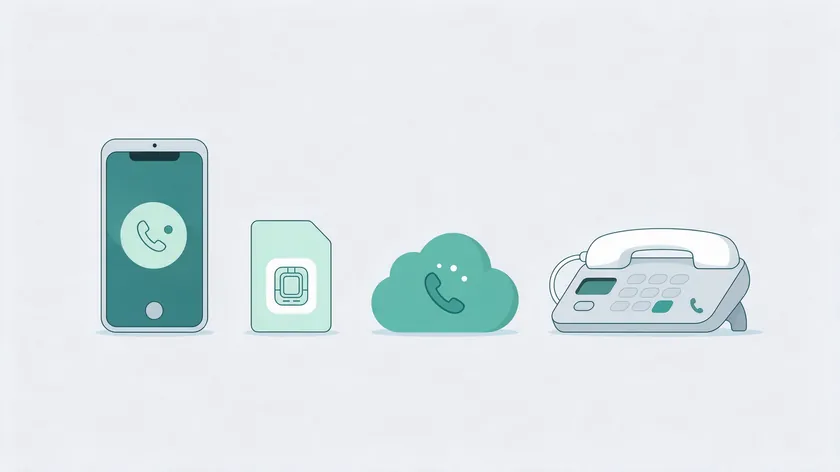 A mobile phone, a SIM card, a cloud with a handset, and a landline phone side by side as WhatsApp Business number types