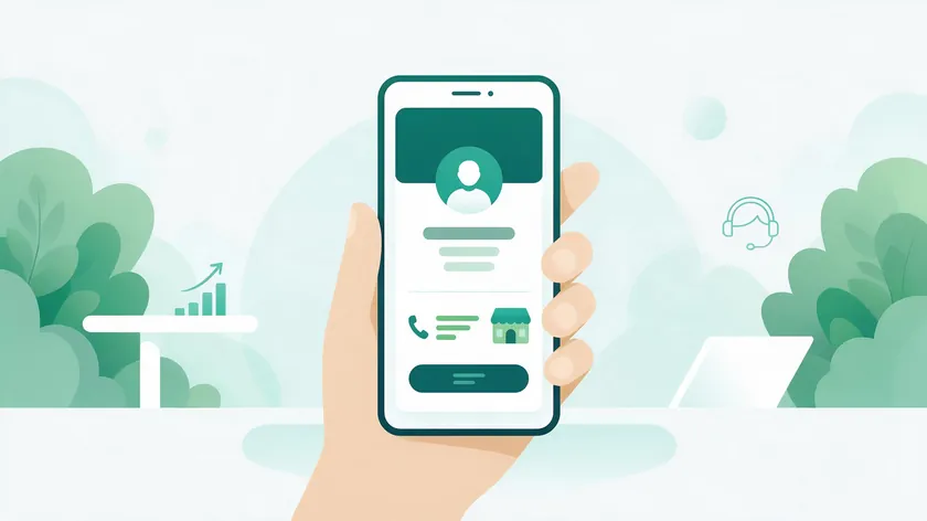 A hand holding a smartphone that shows a business profile card with a phone number and a shop icon