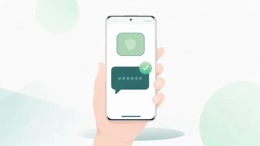 A hand holding a smartphone with a message bubble showing a hidden verification code and a green checkmark