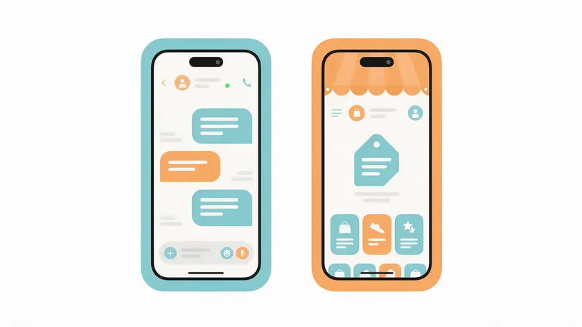 Illustration of two smartphones side by side comparing whatsapp vs whatsapp business at a glance