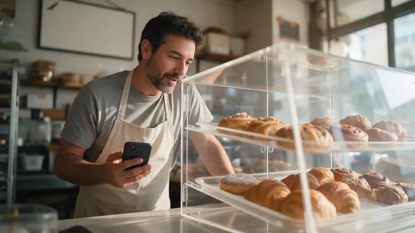 Bakery owner checking a phone at the pastry counter while answering a customer message
