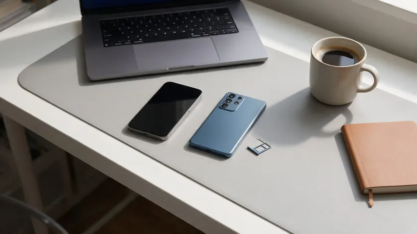 Desk with a laptop, two phones, and a SIM tray for using whatsapp vs whatsapp business on one setup