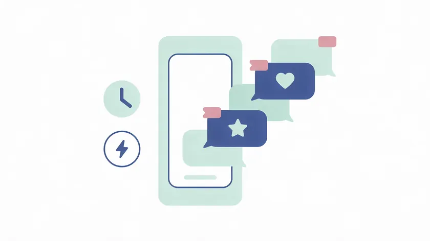 Illustration of chat bubbles with tags, a clock, and a lightning bolt representing WhatsApp Business messaging tools