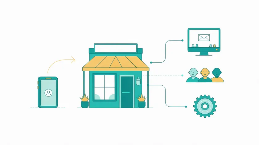 Illustration of a storefront connected to a shared inbox, team icons, and a gear for the WhatsApp Business Platform