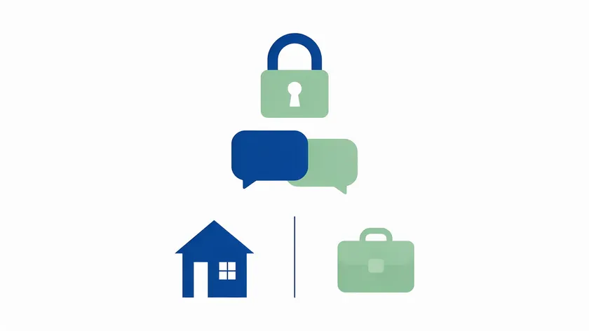 Padlock over chat bubbles with a house and a briefcase icon separating personal and work chats