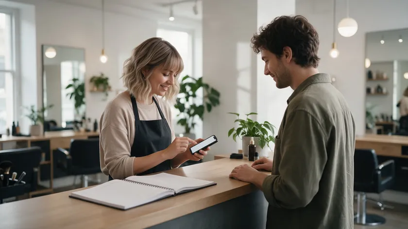 Salon receptionist confirming an appointment on a phone while a client waits at the front desk