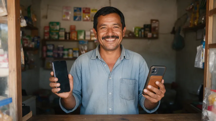 Smiling shop owner holding two phones, one personal and one business, to show whatsapp vs whatsapp business